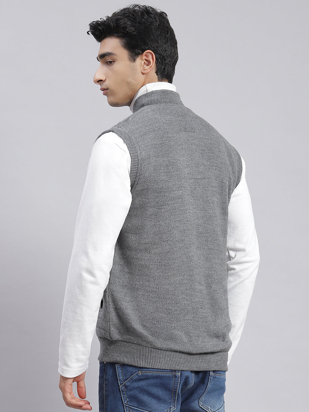 Men Grey Solid T Neck Sleeveless Jackets