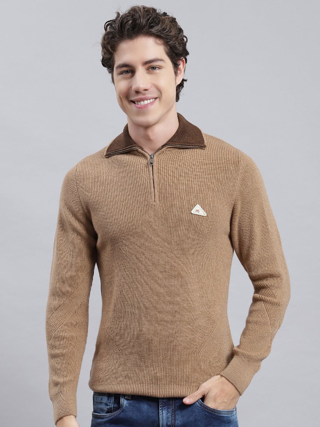 Men Brown Self Pullover