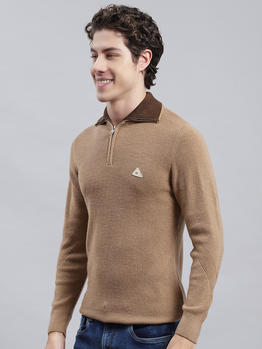 Men Brown Self Pullover