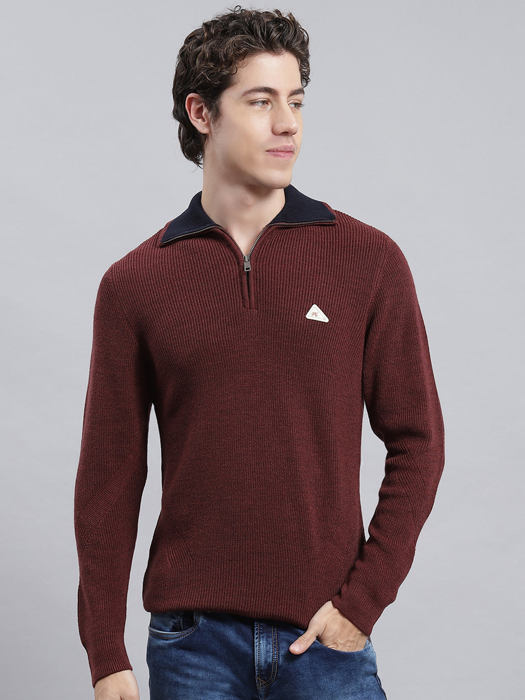 Men Brown Self Pullover