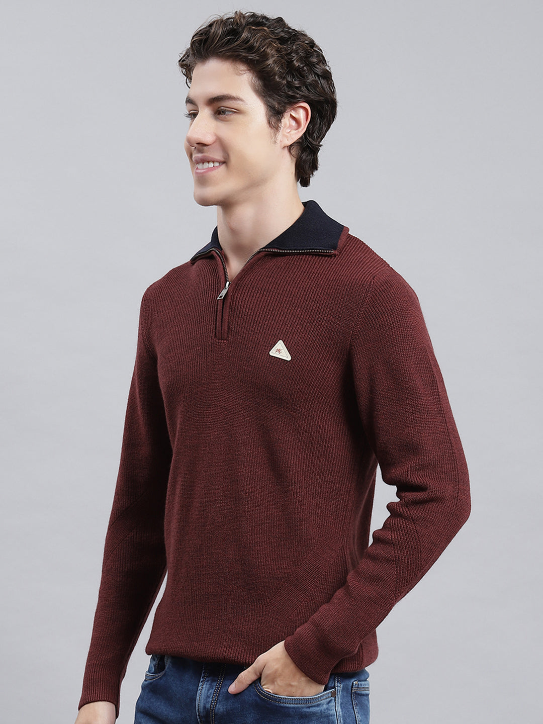 Men Brown Self Pullover