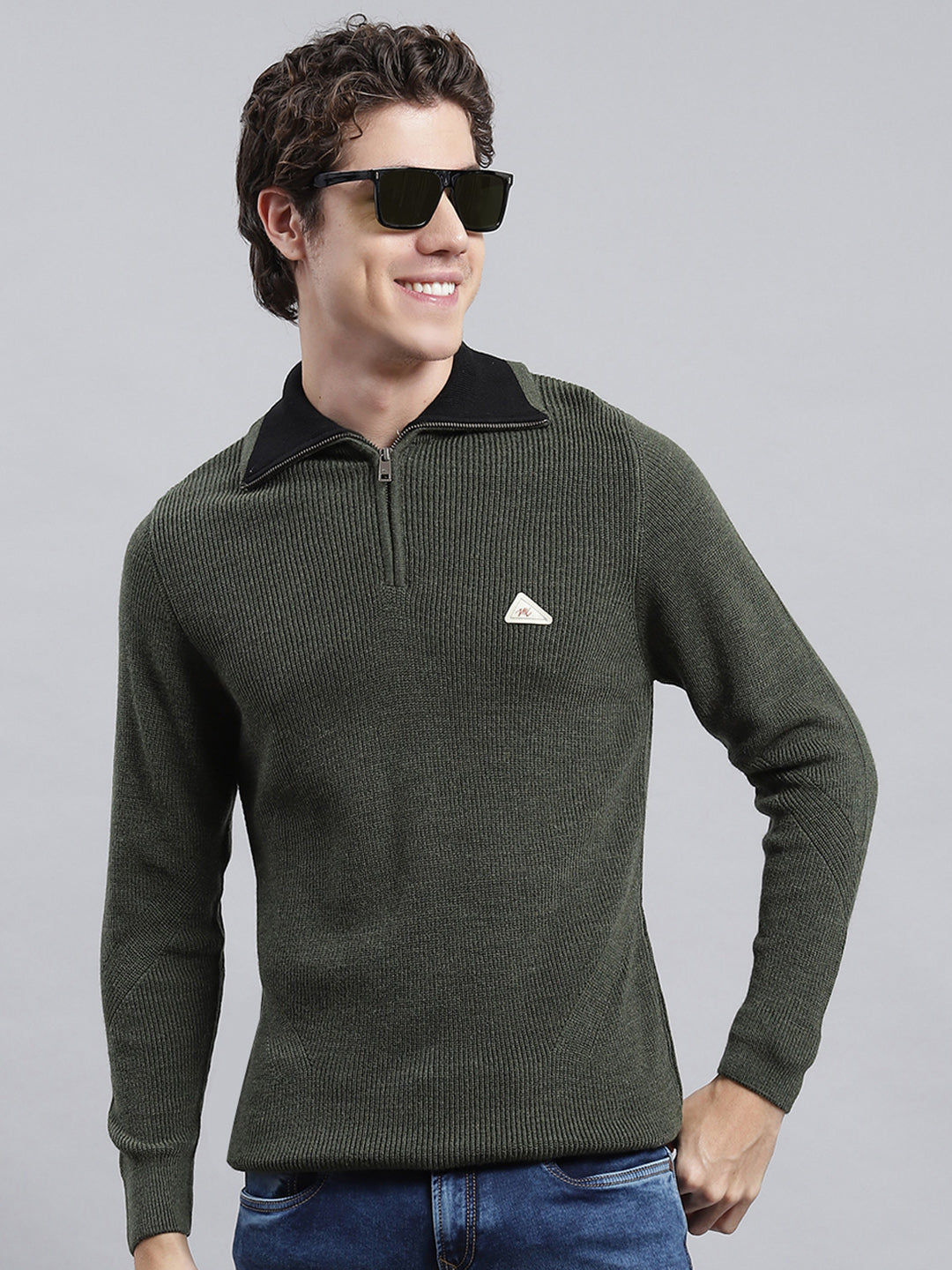 Men Green Self Pullover