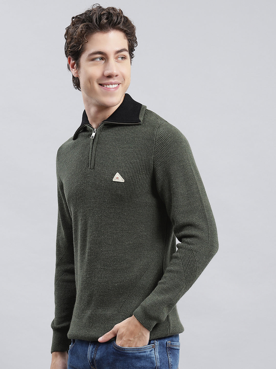 Men Green Self Pullover