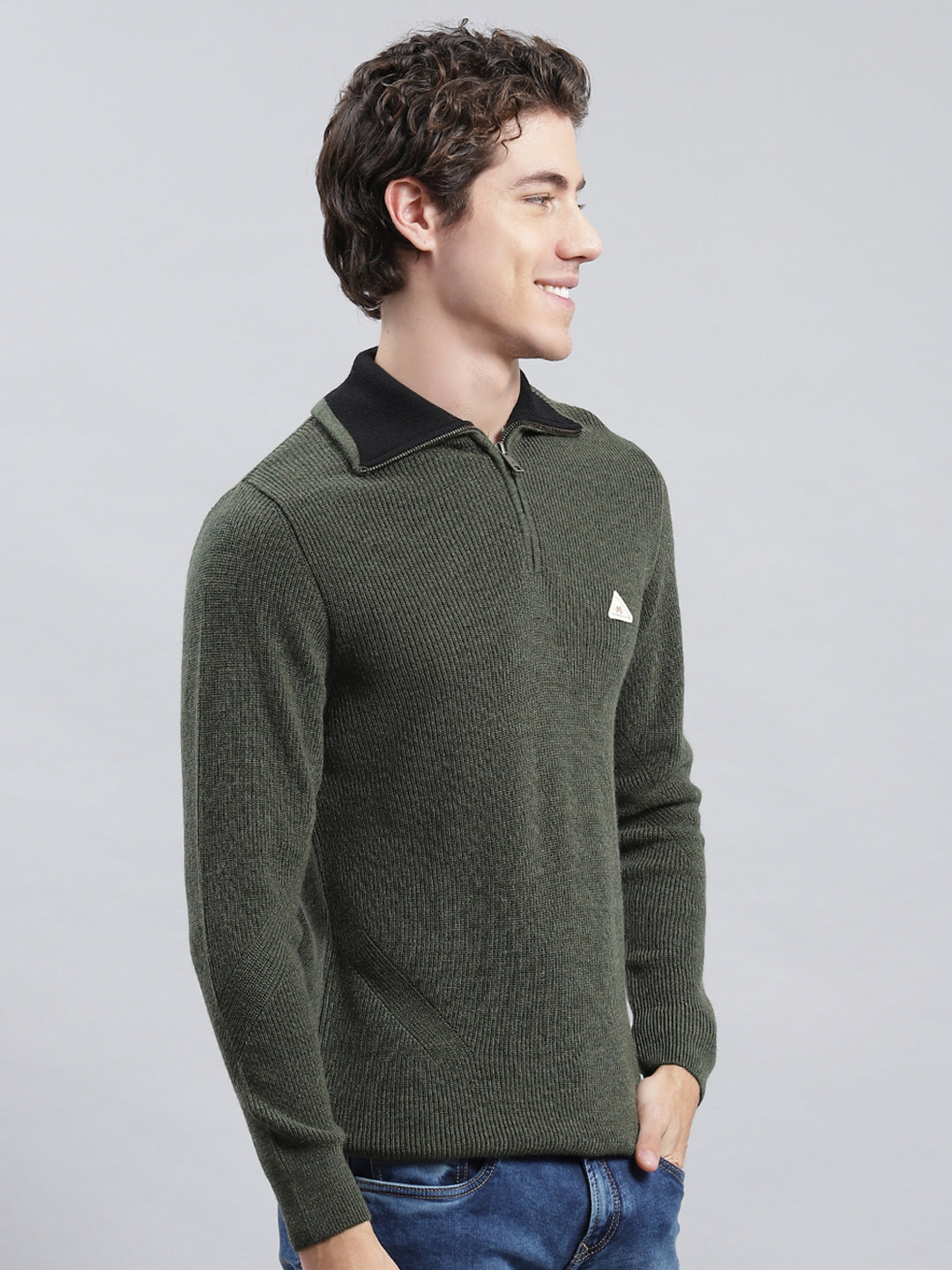 Men Green Self Pullover