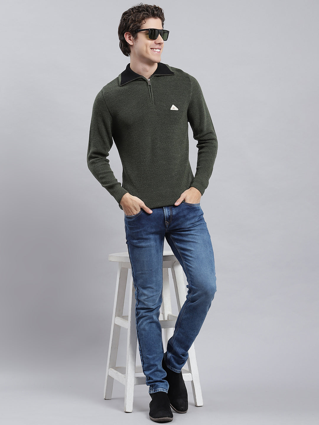 Men Green Self Pullover