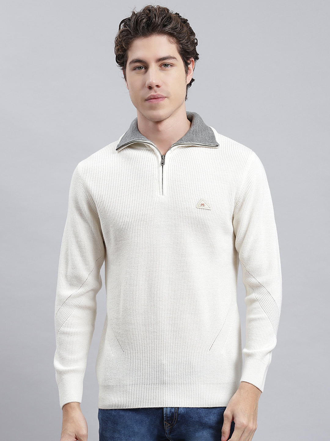 Men White Self Pullover