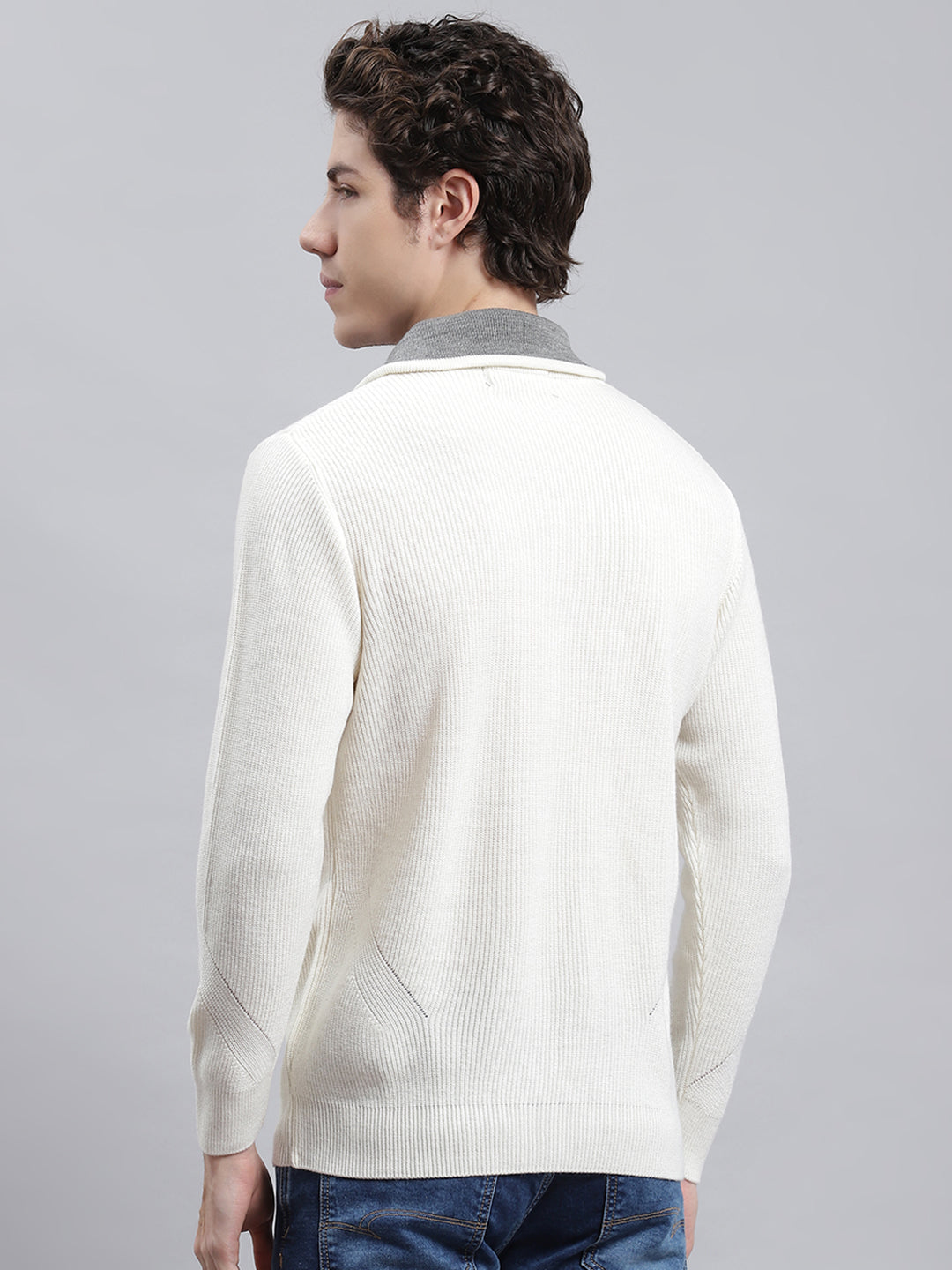 Men White Self Pullover