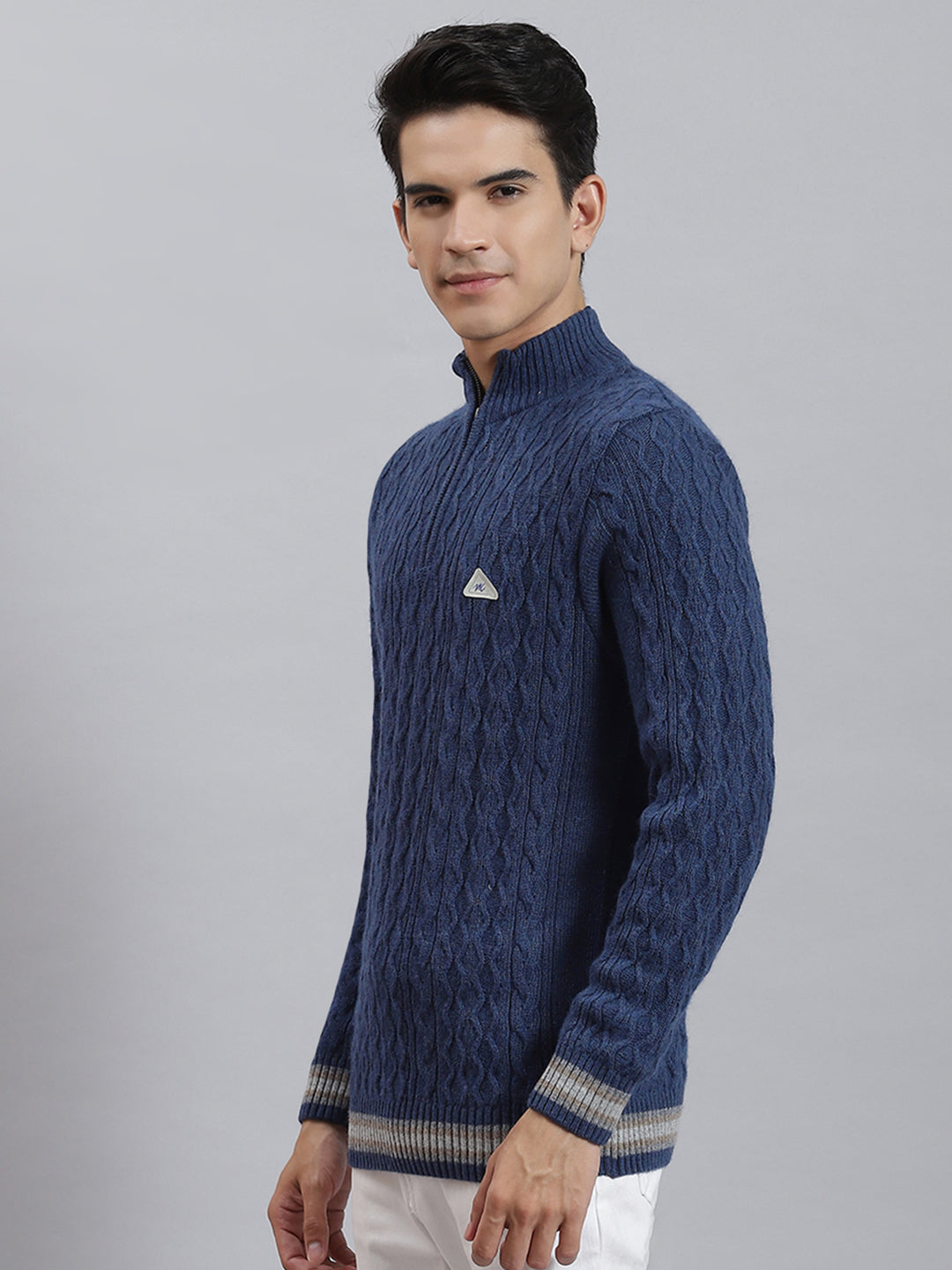 Men Blue Self Design H Neck Full Sleeve Sweaters/Pullovers