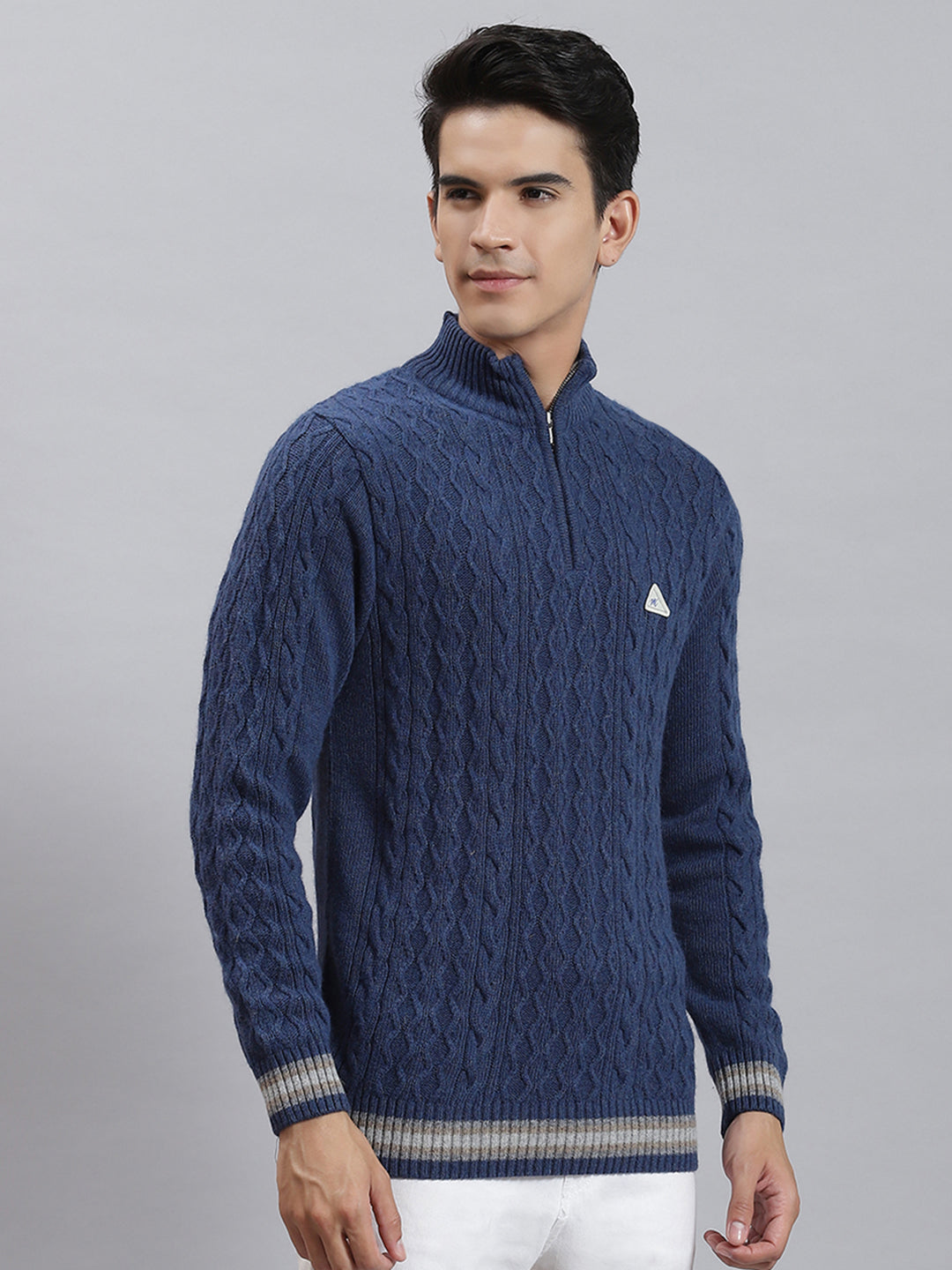 Men Blue Self Design H Neck Full Sleeve Sweaters/Pullovers