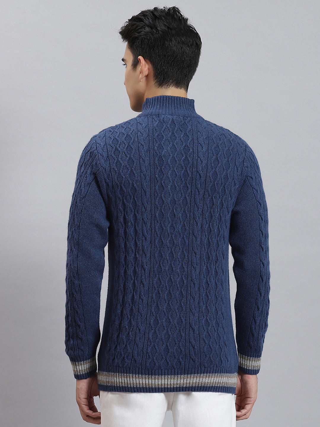 Men Blue Self Design H Neck Full Sleeve Sweaters/Pullovers