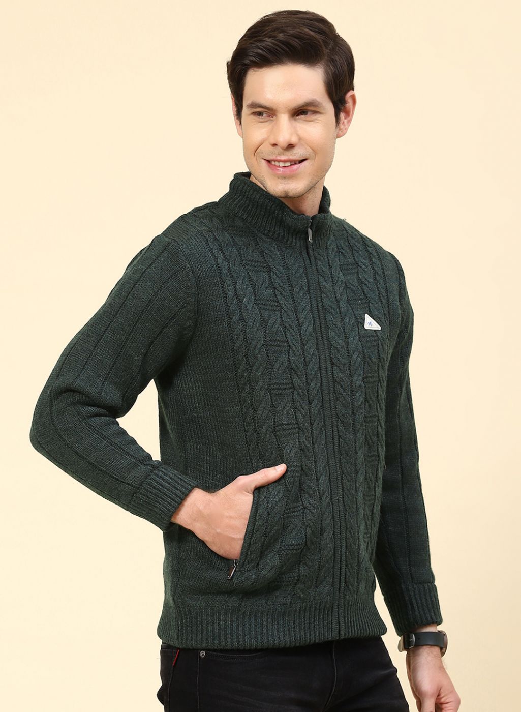 Men Green Self Design Wool blend Jacket