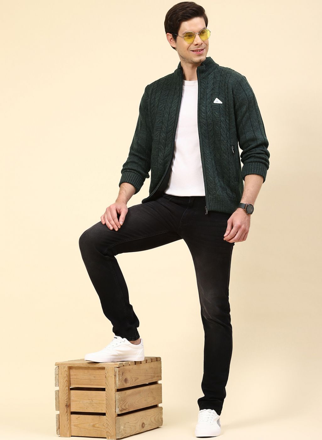 Men Green Self Design Wool blend Jacket