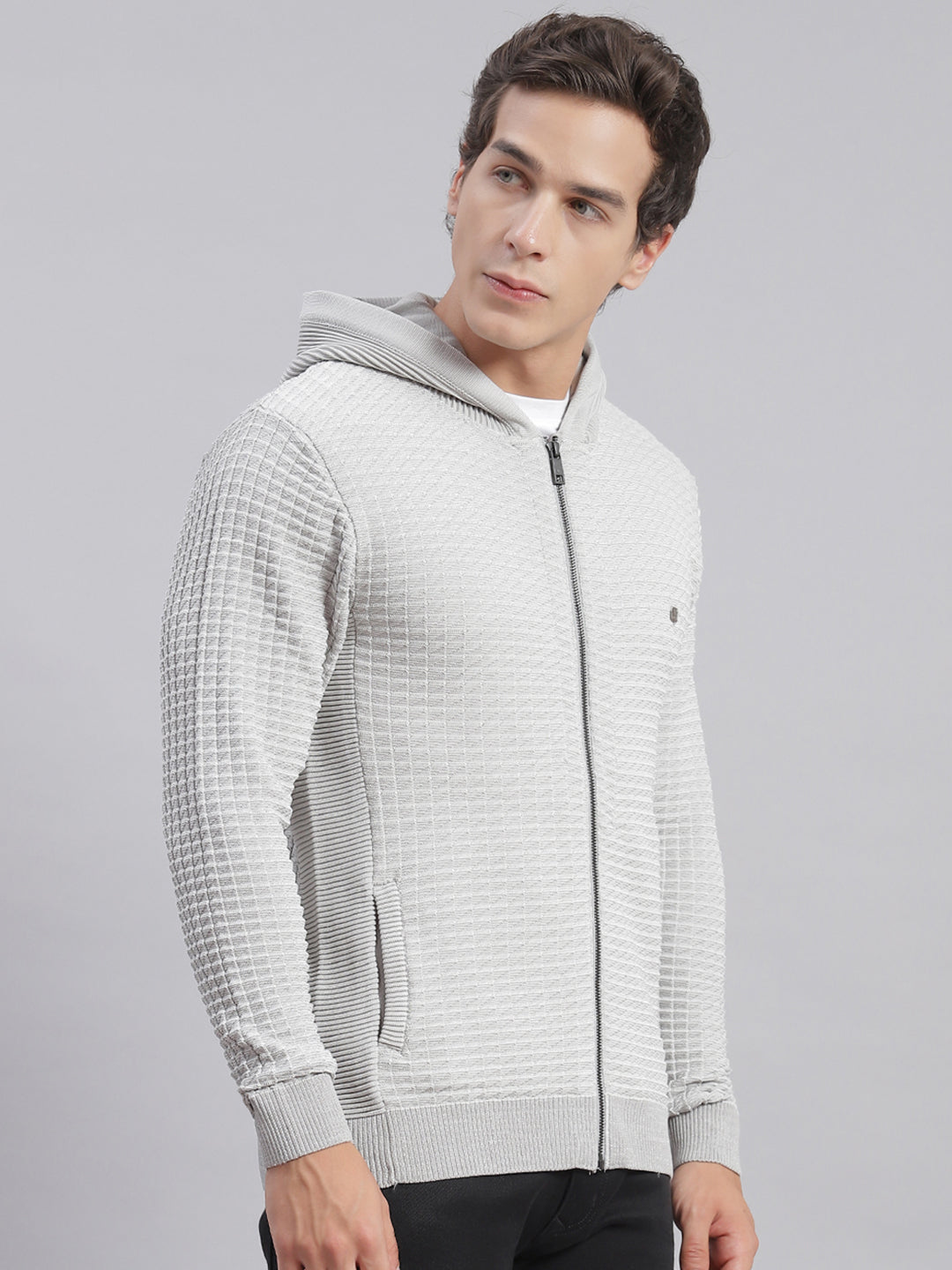 Men Grey Self Design Hooded Full Sleeve Sweaters/Pullovers