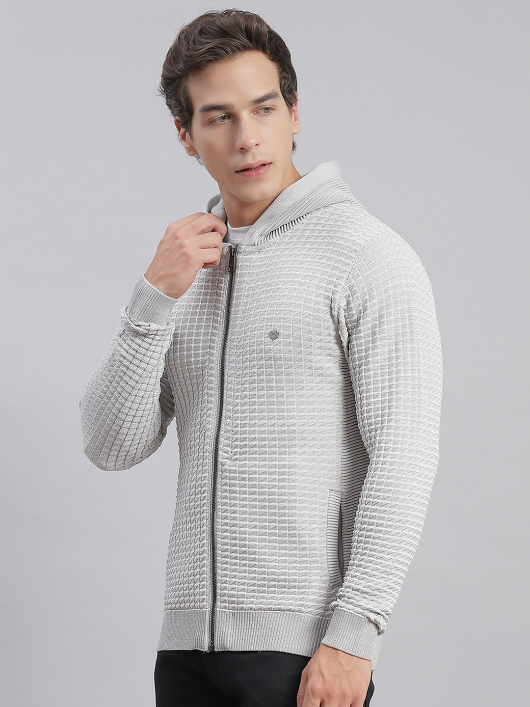 Men Grey Self Design Hooded Full Sleeve Sweaters/Pullovers