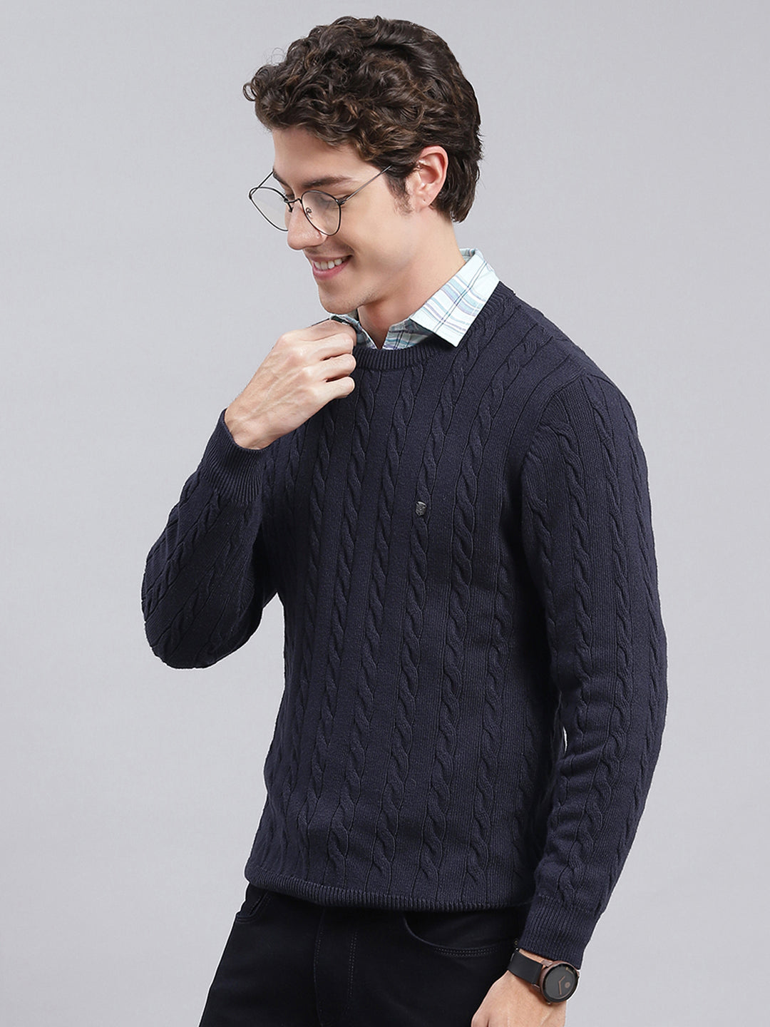 Men Navy Blue Self Design Wool blend Pullover