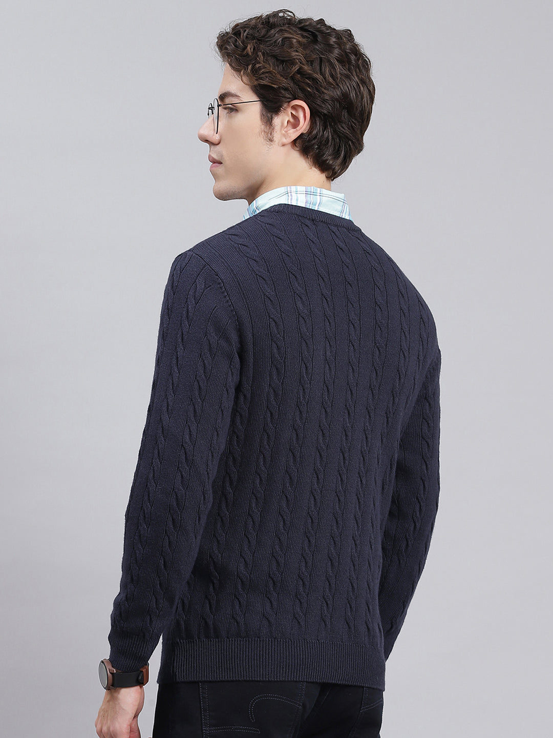 Men Navy Blue Self Design Wool blend Pullover