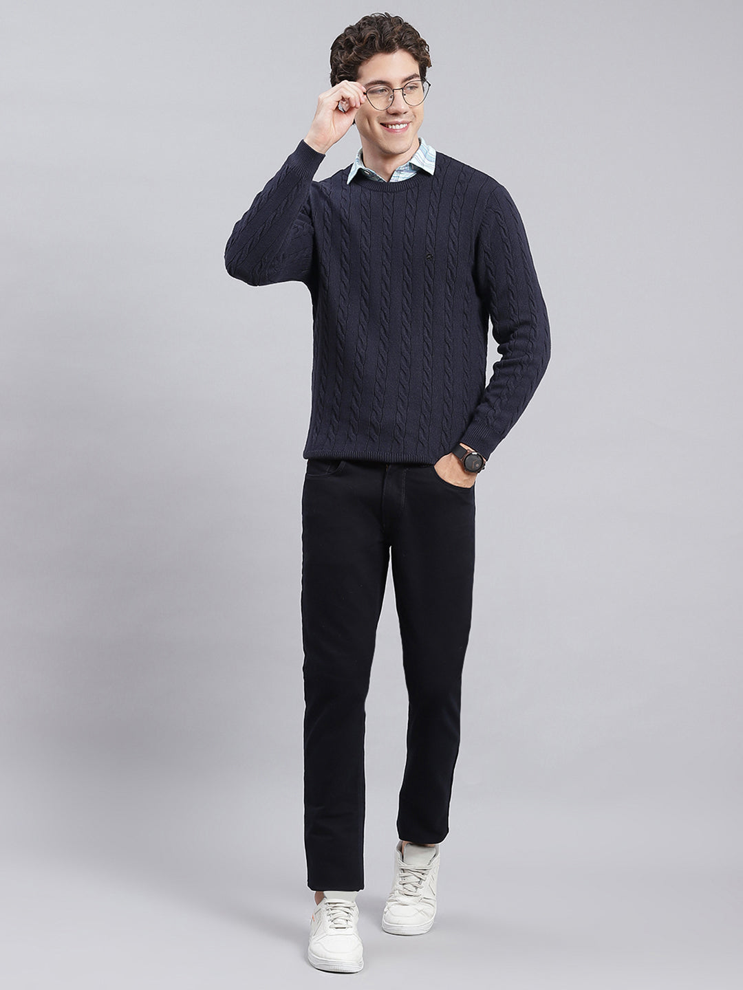 Men Navy Blue Self Design Wool blend Pullover