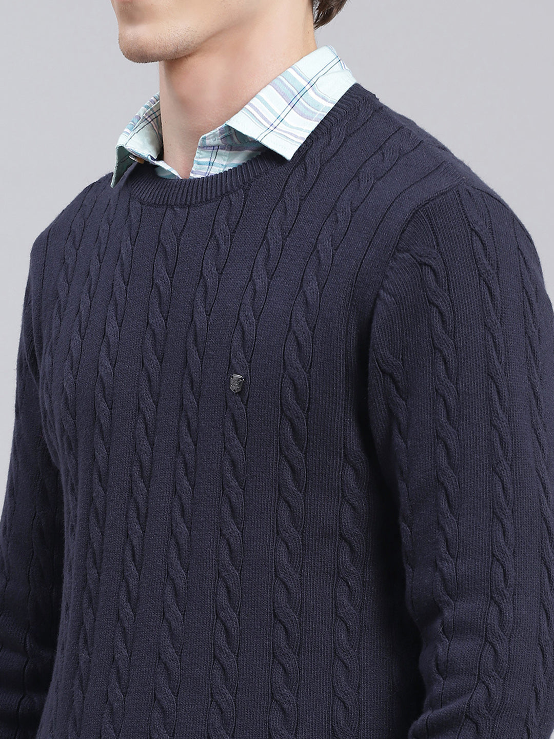 Men Navy Blue Self Design Wool blend Pullover