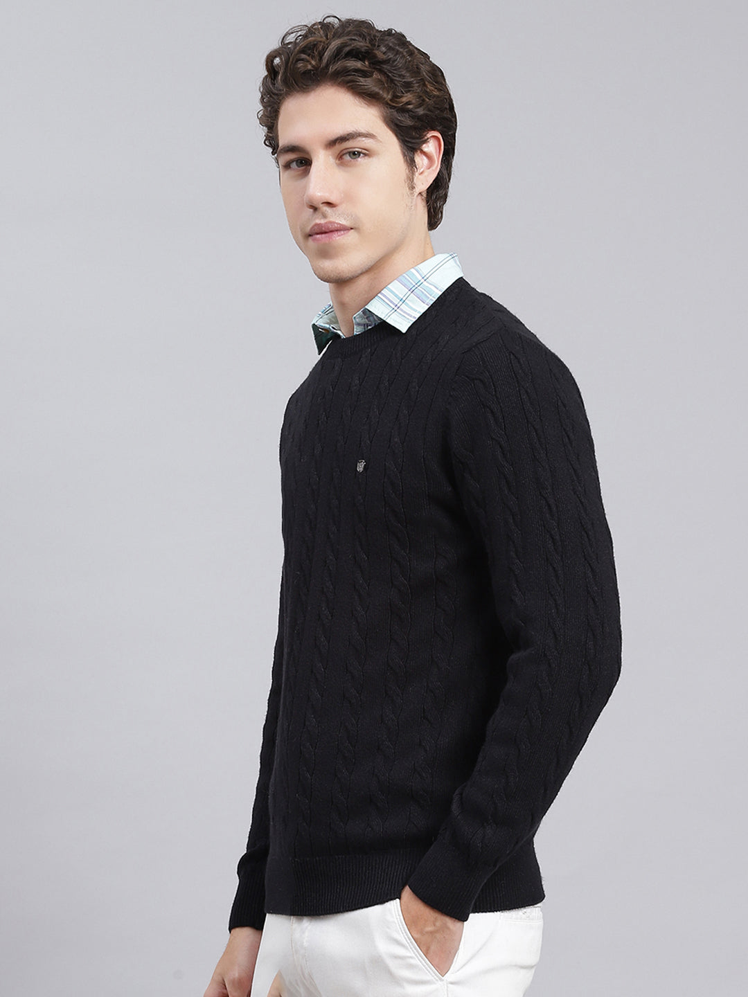 Men Black Self Design Wool blend Pullover