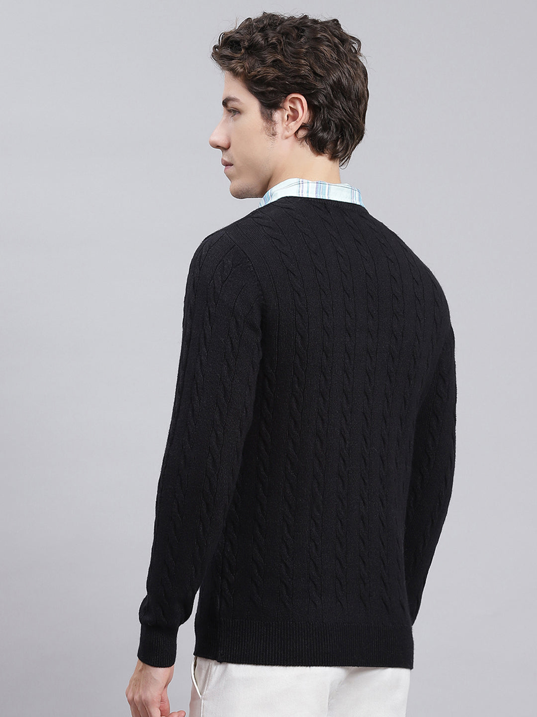 Men Black Self Design Wool blend Pullover