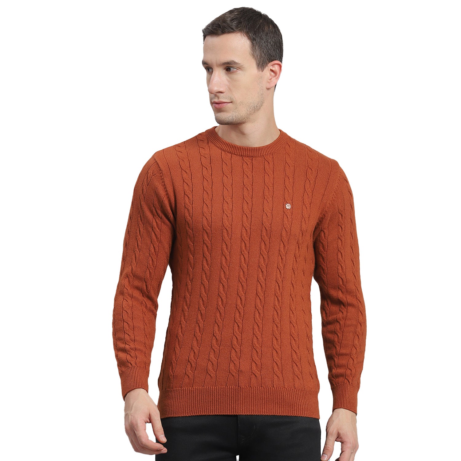 Men Rust Self Design Round Neck Full Sleeve Sweater