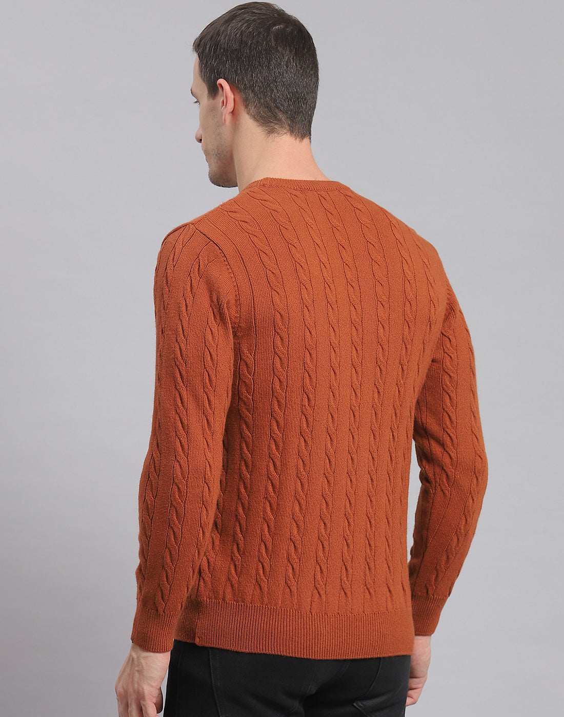 Men Rust Self Design Round Neck Full Sleeve Sweater