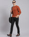 Men Rust Self Design Round Neck Full Sleeve Sweater