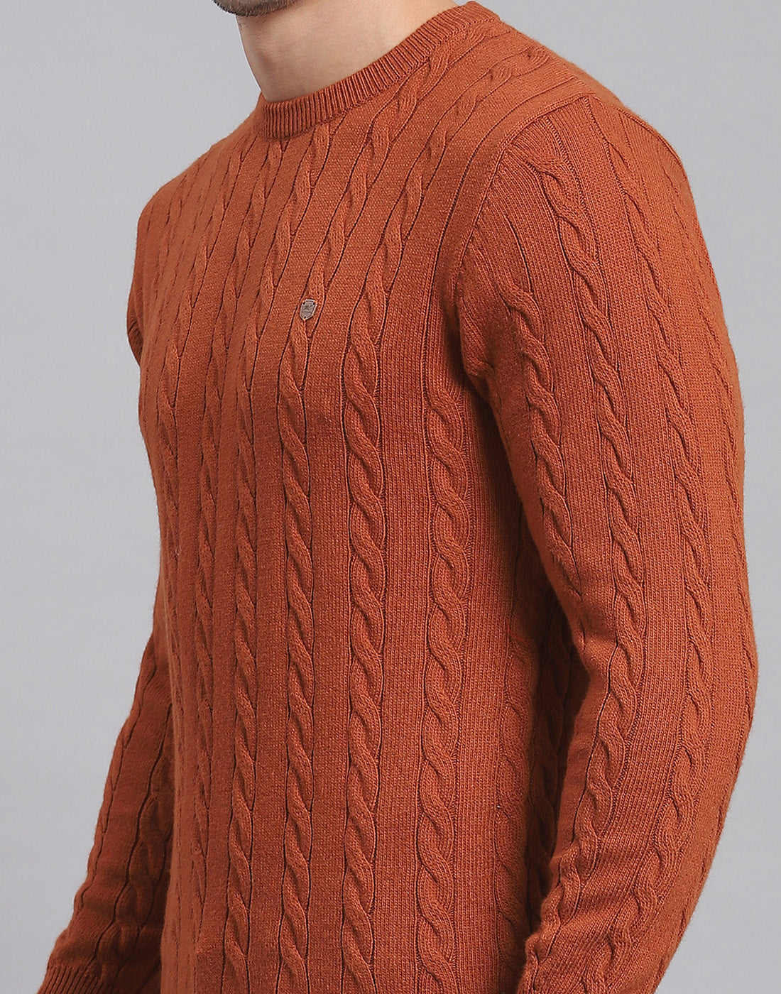 Men Rust Self Design Round Neck Full Sleeve Sweater