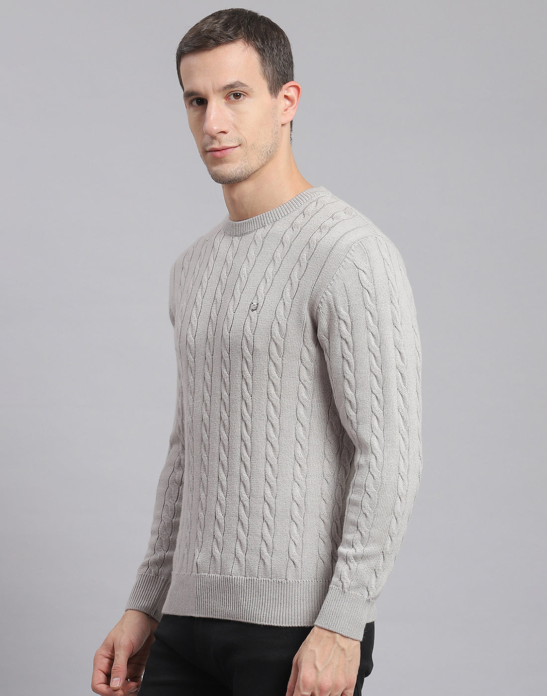 Men Grey Self Design Round Neck Full Sleeve Sweater