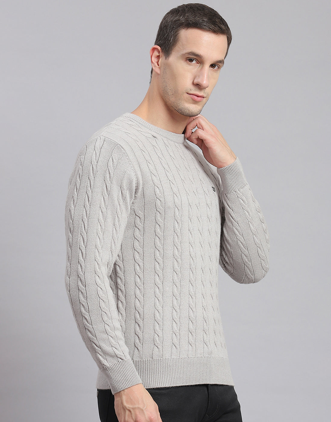 Men Grey Self Design Round Neck Full Sleeve Sweater