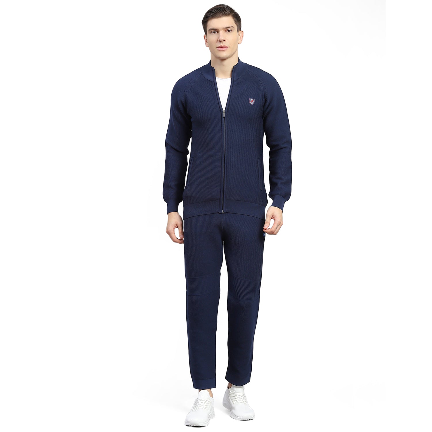 Men Navy Blue Self Design Stand Collar Full Sleeve Tracksuit