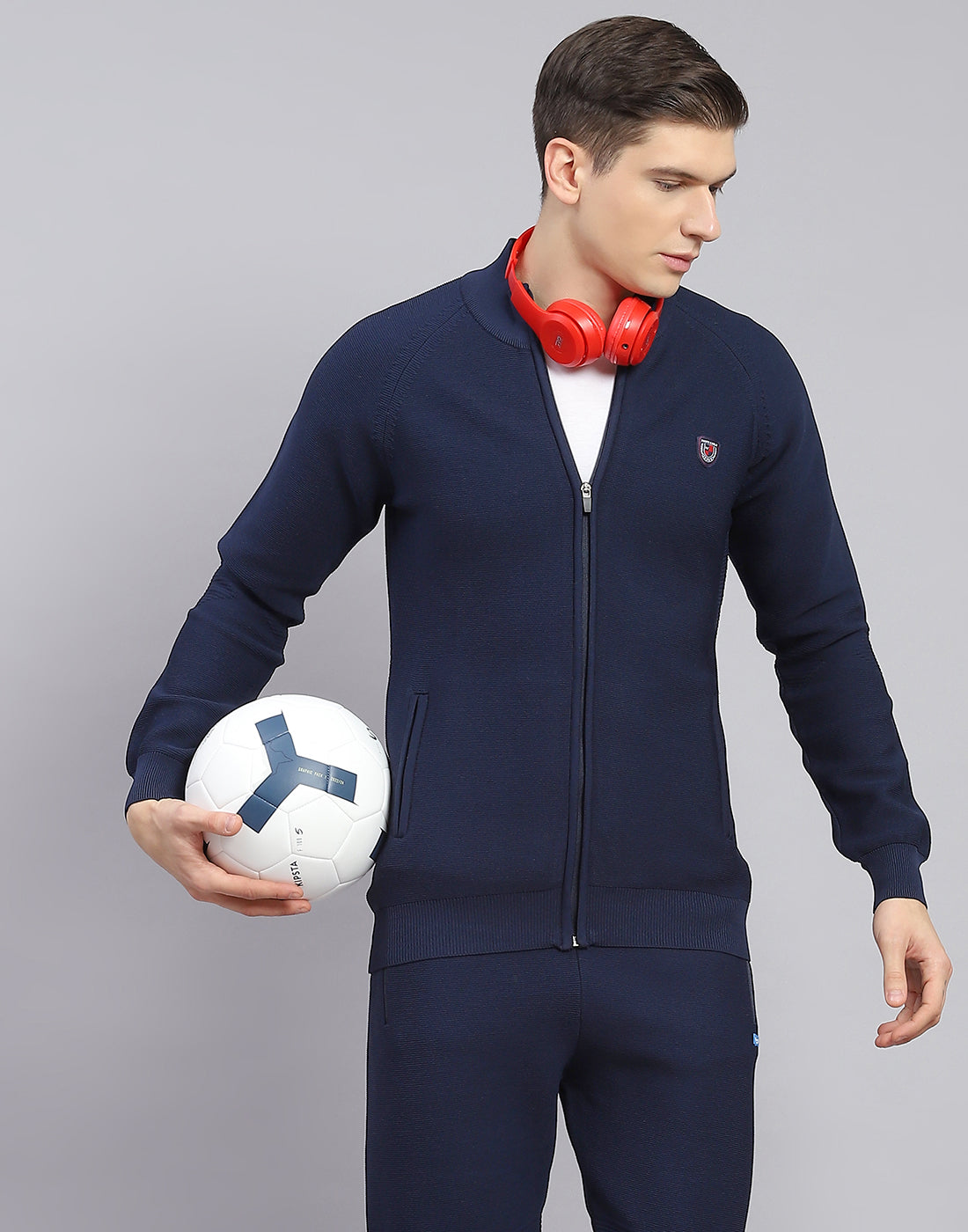 Men Navy Blue Self Design Stand Collar Full Sleeve Tracksuit