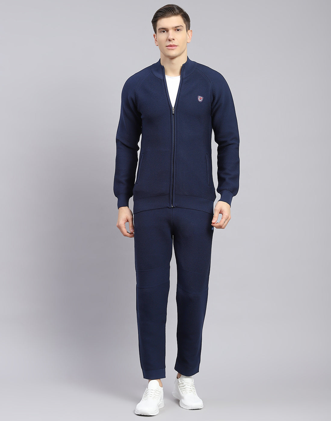 Men Navy Blue Self Design Stand Collar Full Sleeve Tracksuit