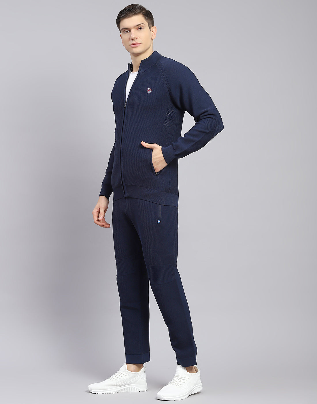 Men Navy Blue Self Design Stand Collar Full Sleeve Tracksuit