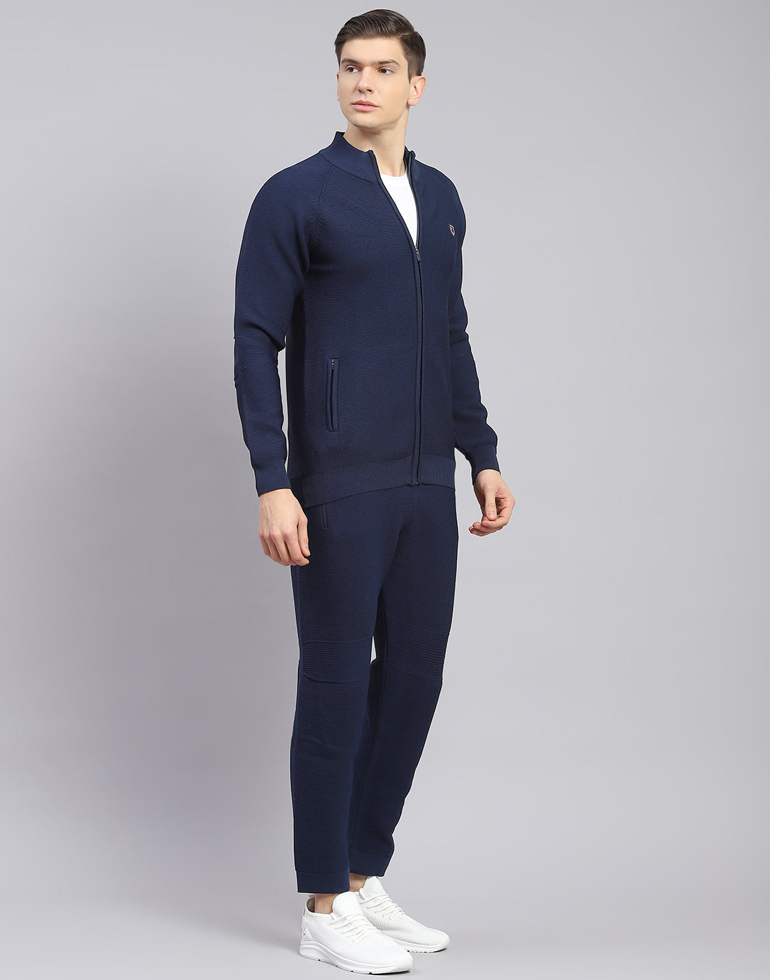 Men Navy Blue Self Design Stand Collar Full Sleeve Tracksuit