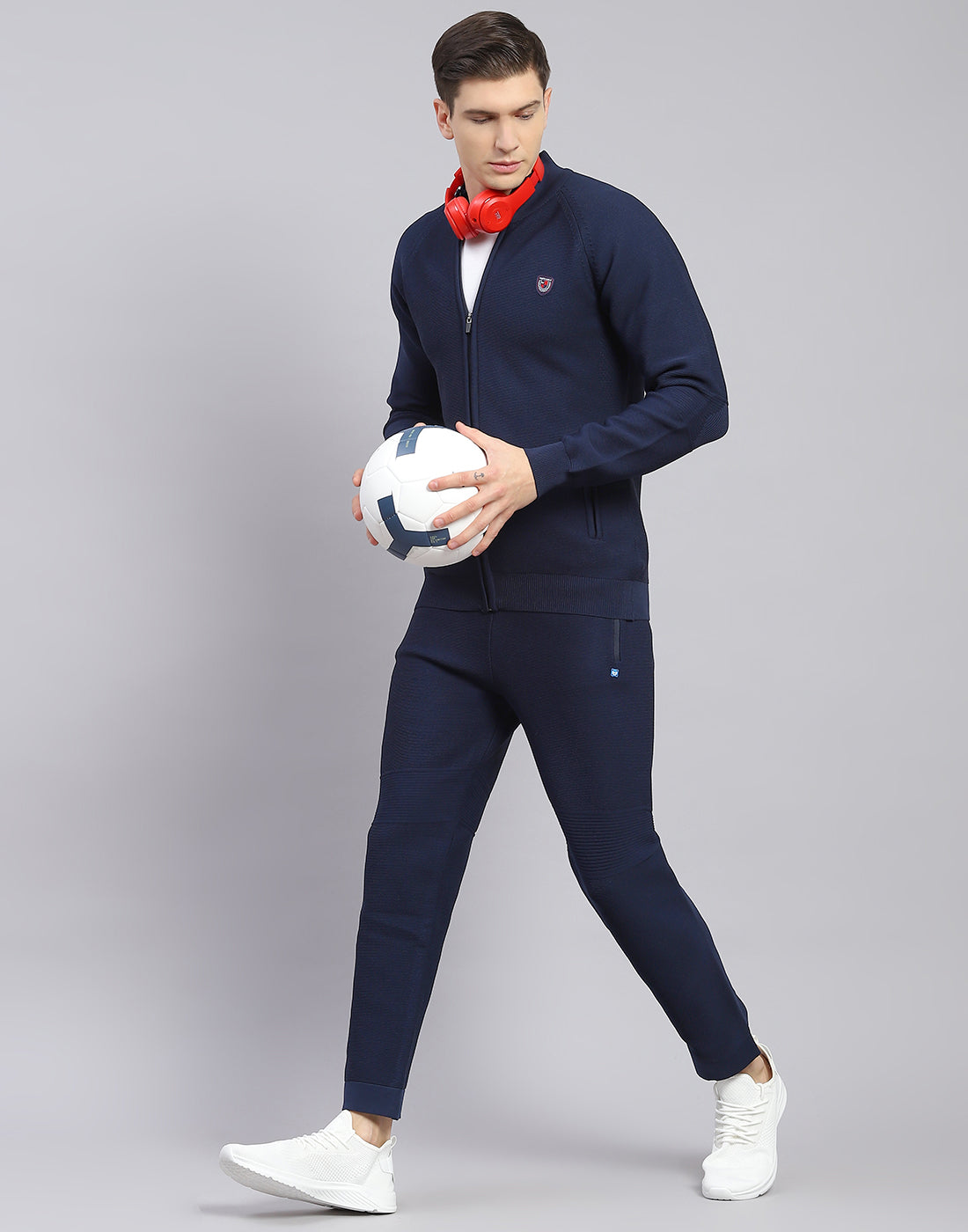 Men Navy Blue Self Design Stand Collar Full Sleeve Tracksuit