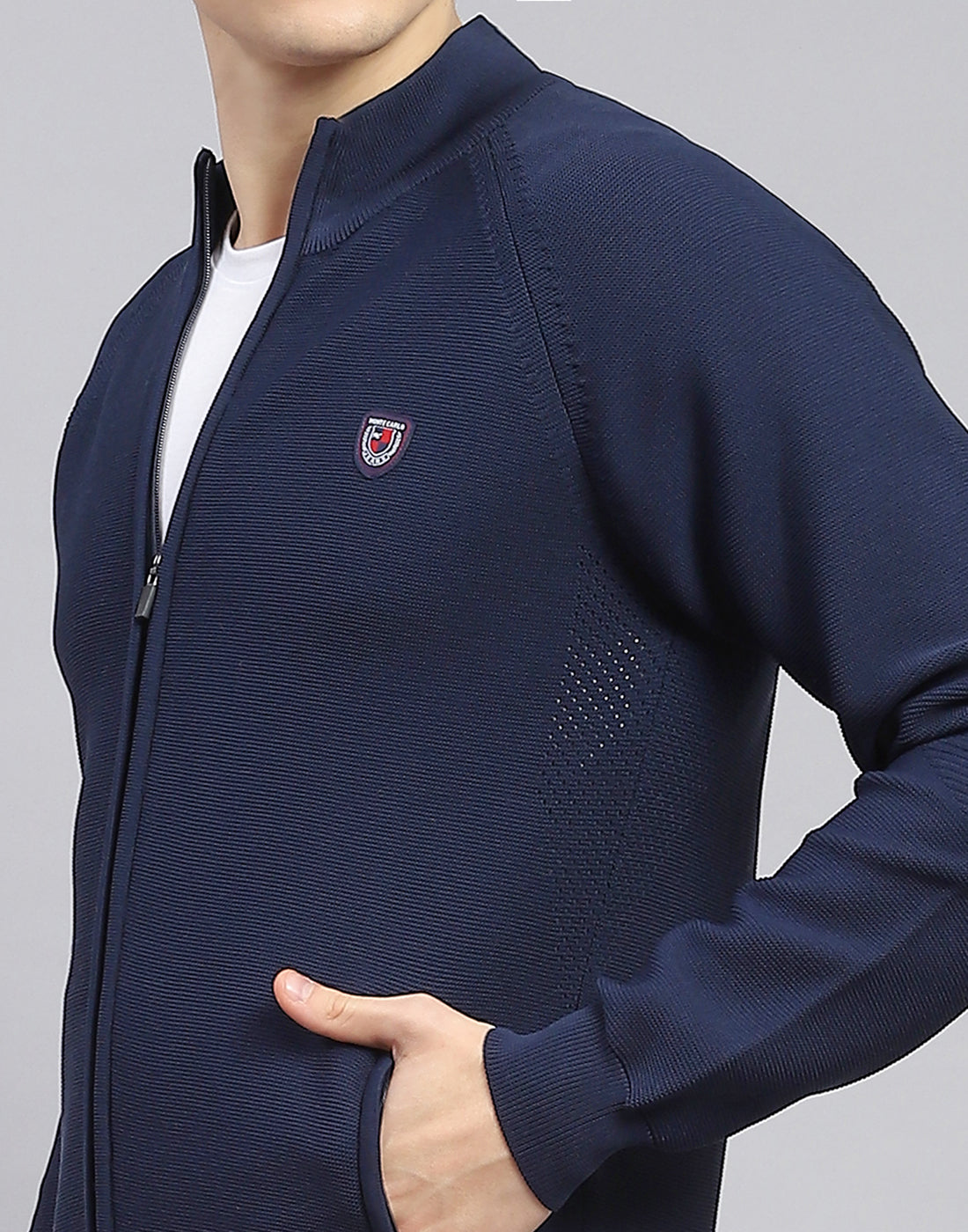 Men Navy Blue Self Design Stand Collar Full Sleeve Tracksuit