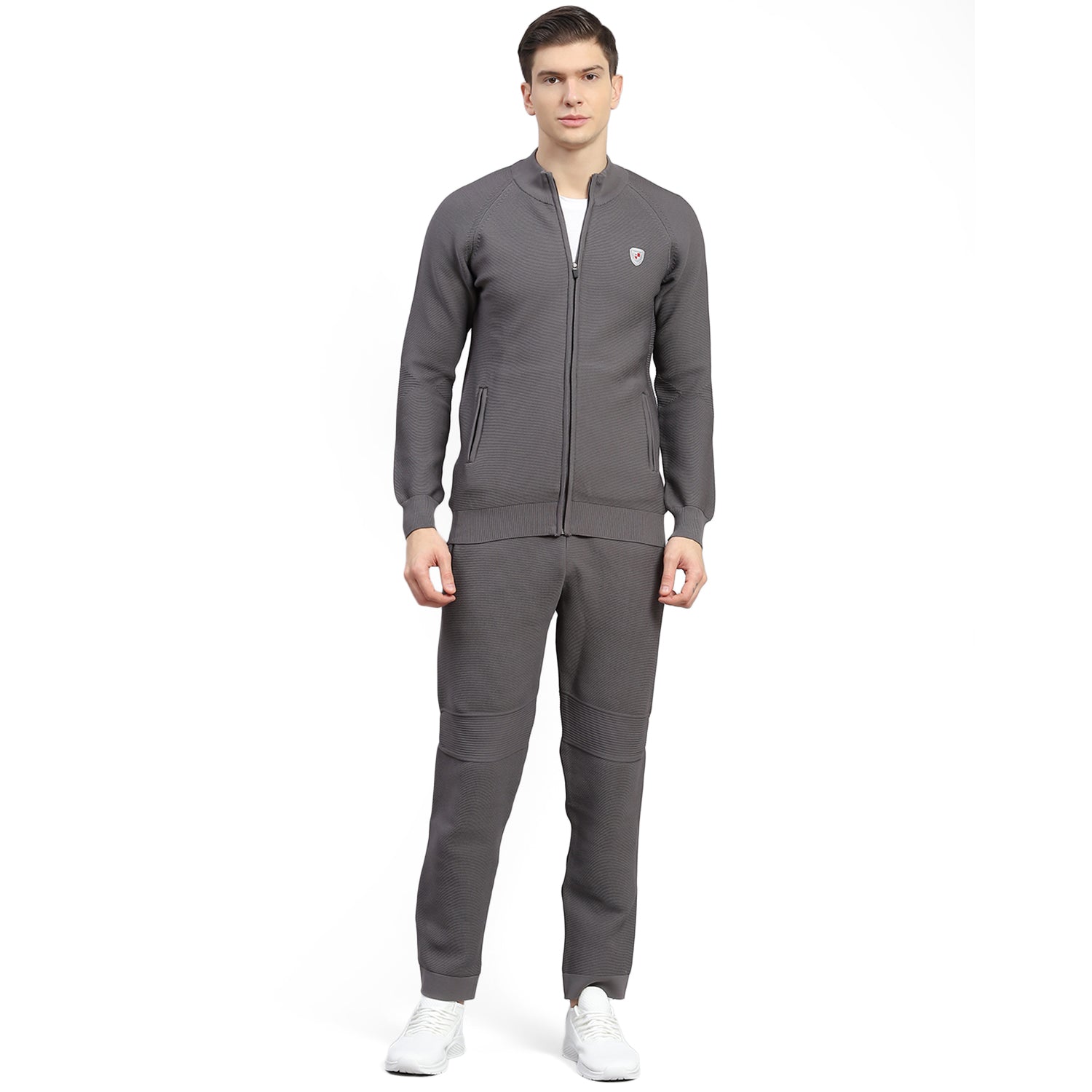 Men Grey Self Design Stand Collar Full Sleeve Tracksuit