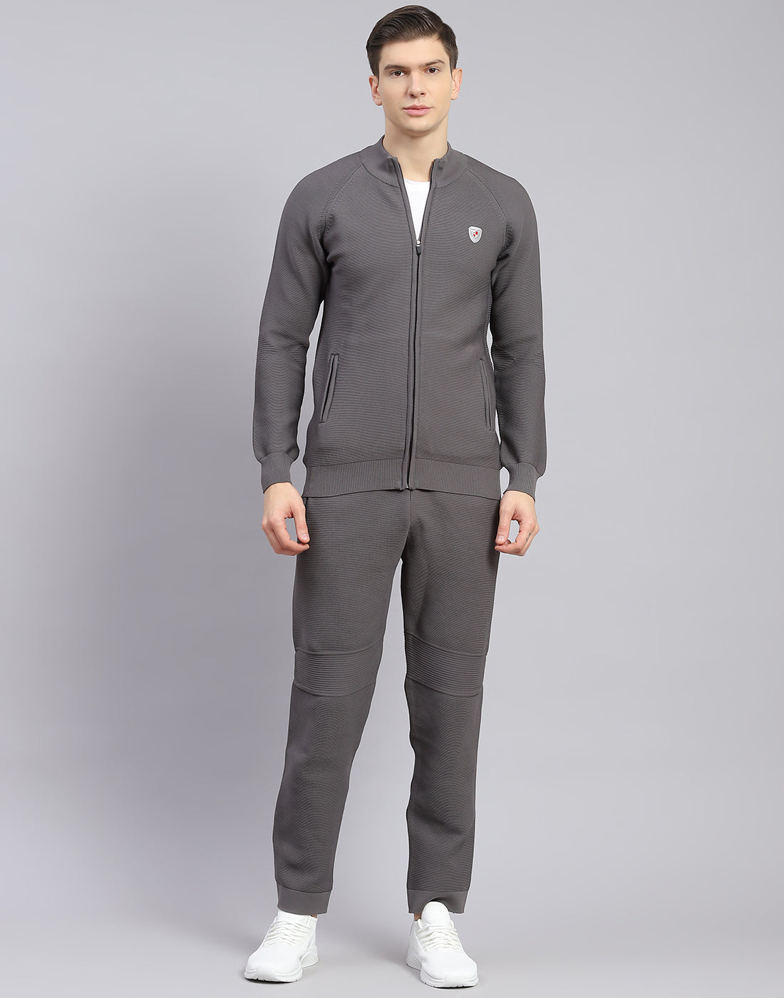 Men Grey Self Design Stand Collar Full Sleeve Tracksuit