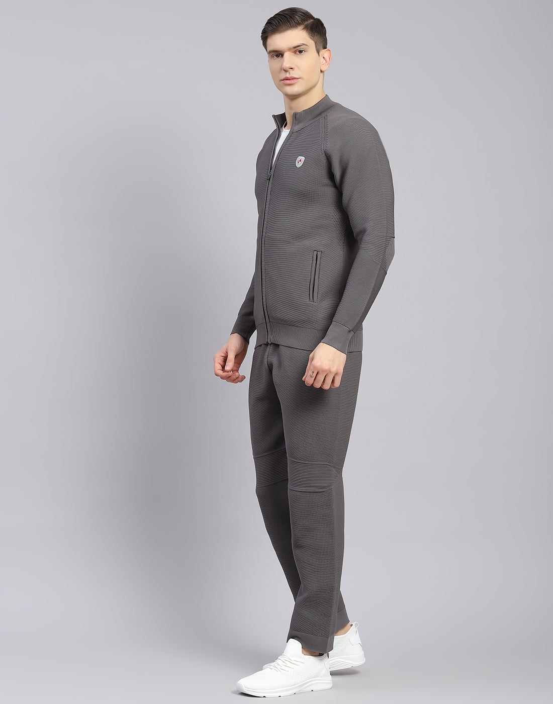 Men Grey Self Design Stand Collar Full Sleeve Tracksuit