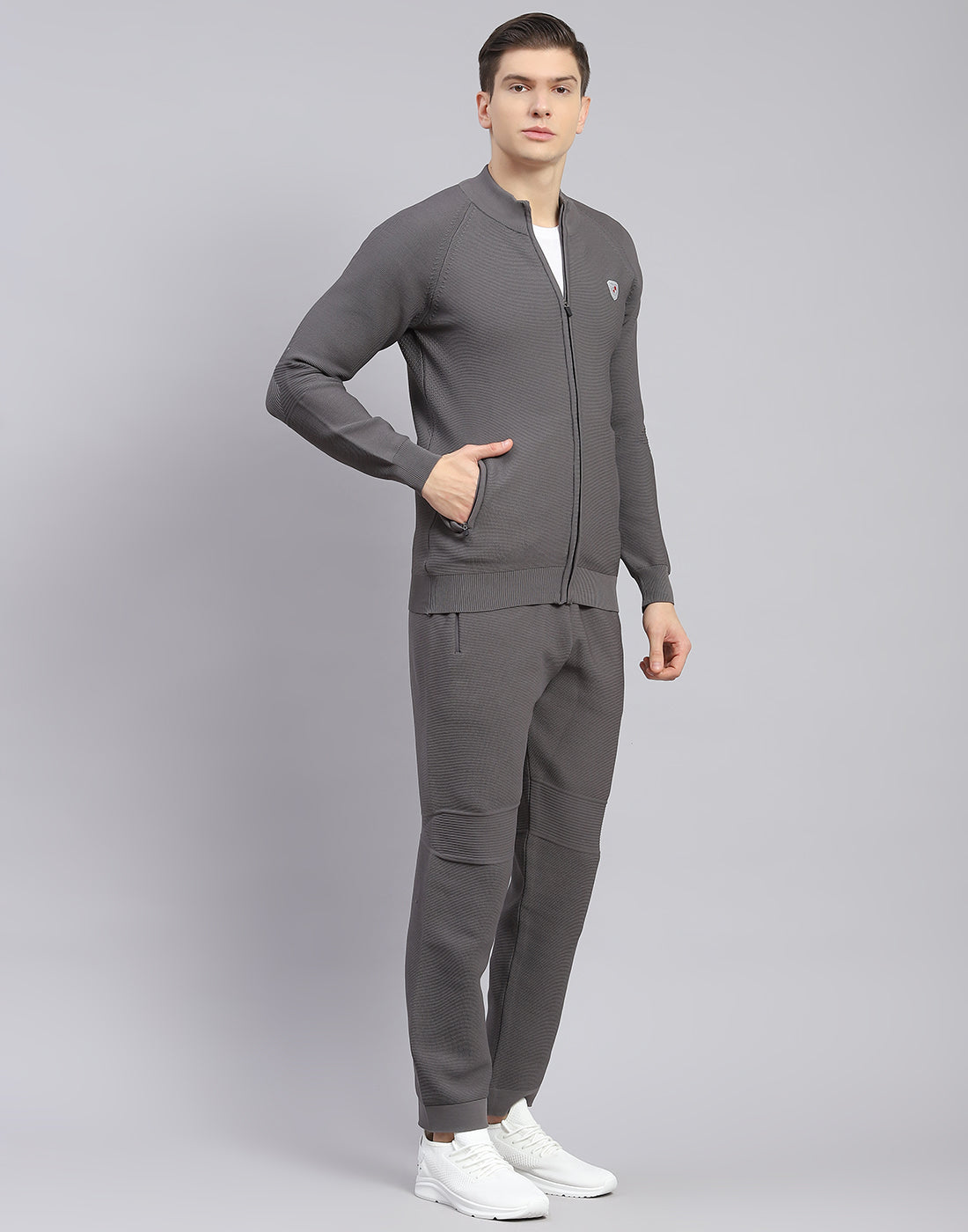 Men Grey Self Design Stand Collar Full Sleeve Tracksuit