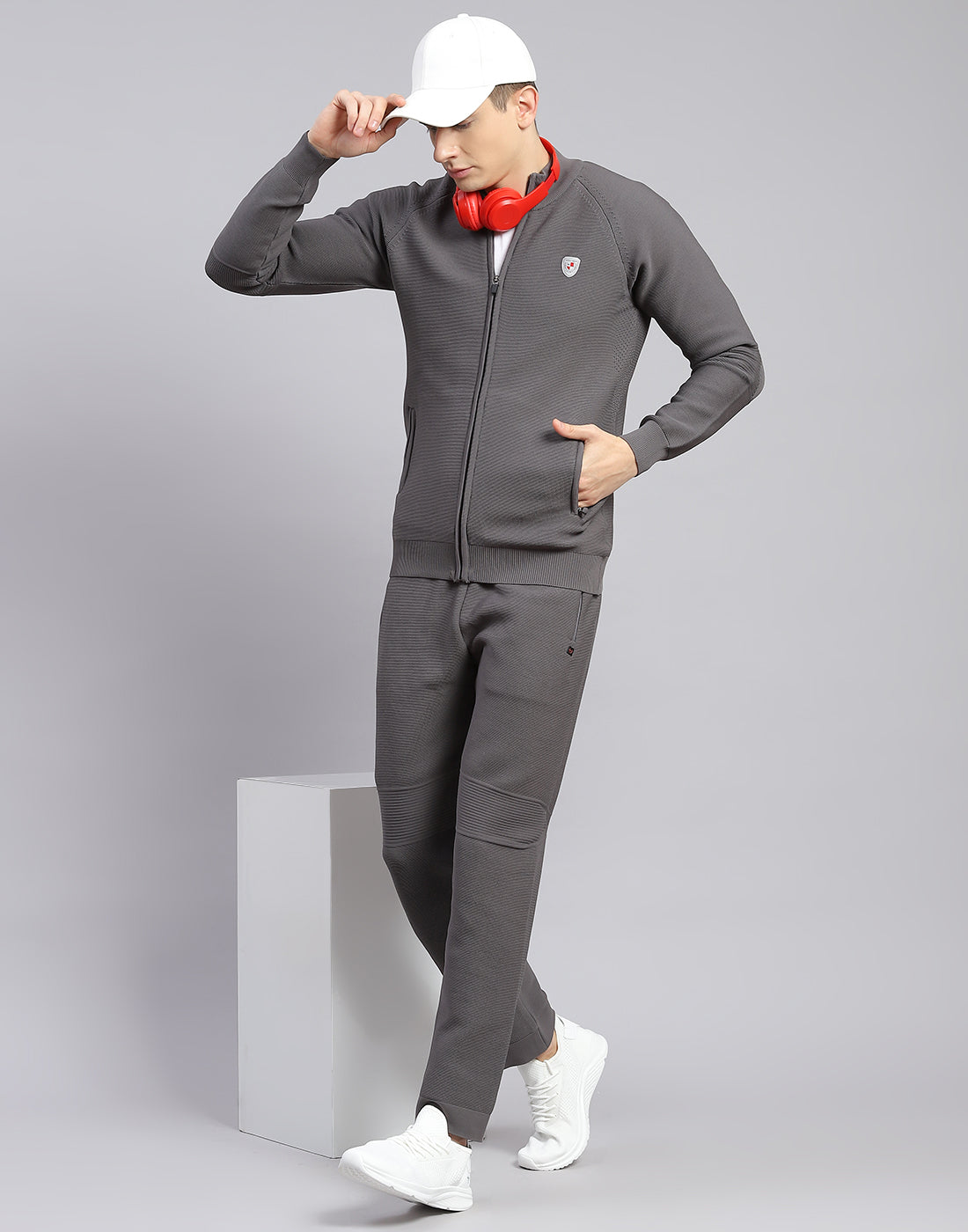 Men Grey Self Design Stand Collar Full Sleeve Tracksuit