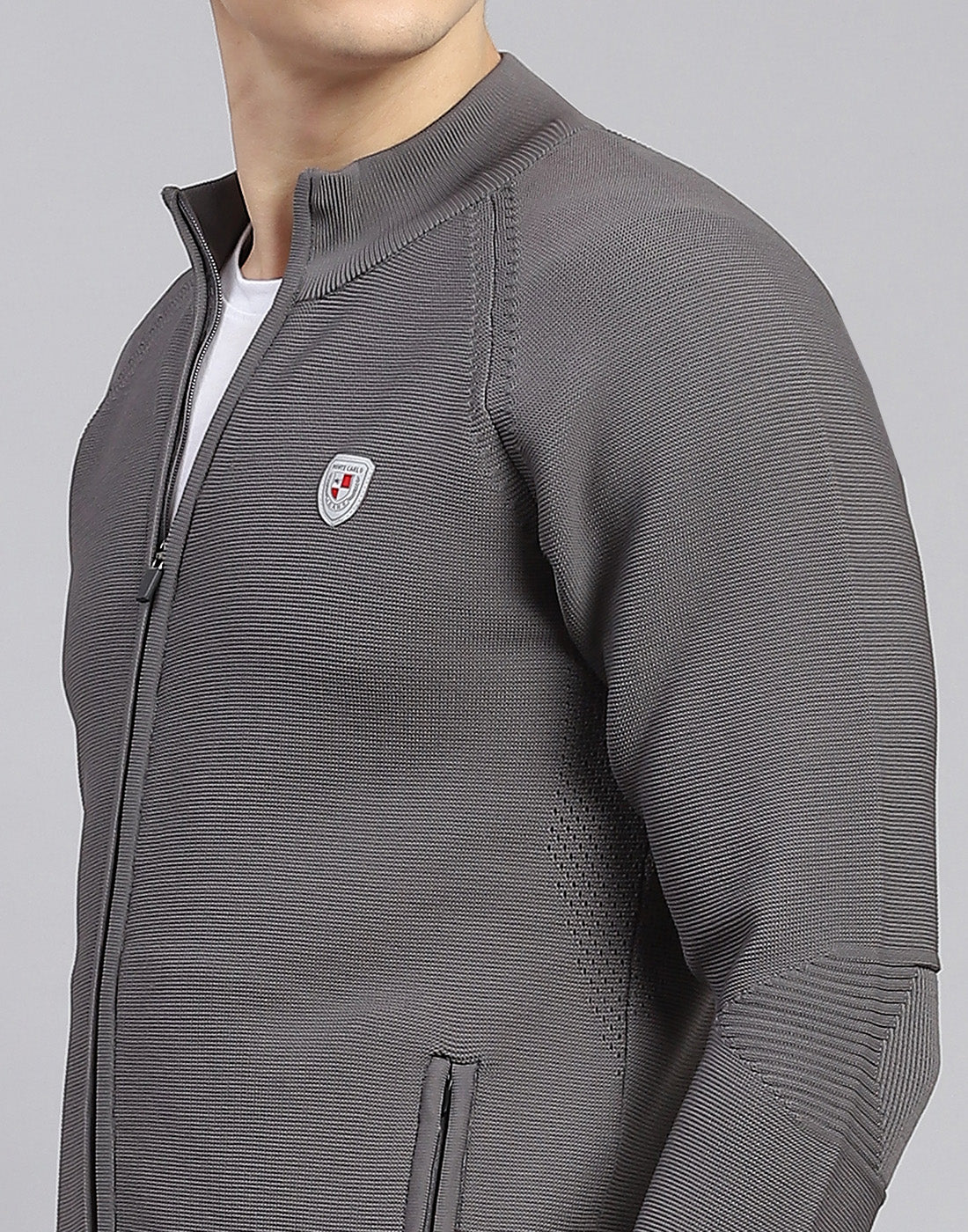 Men Grey Self Design Stand Collar Full Sleeve Tracksuit