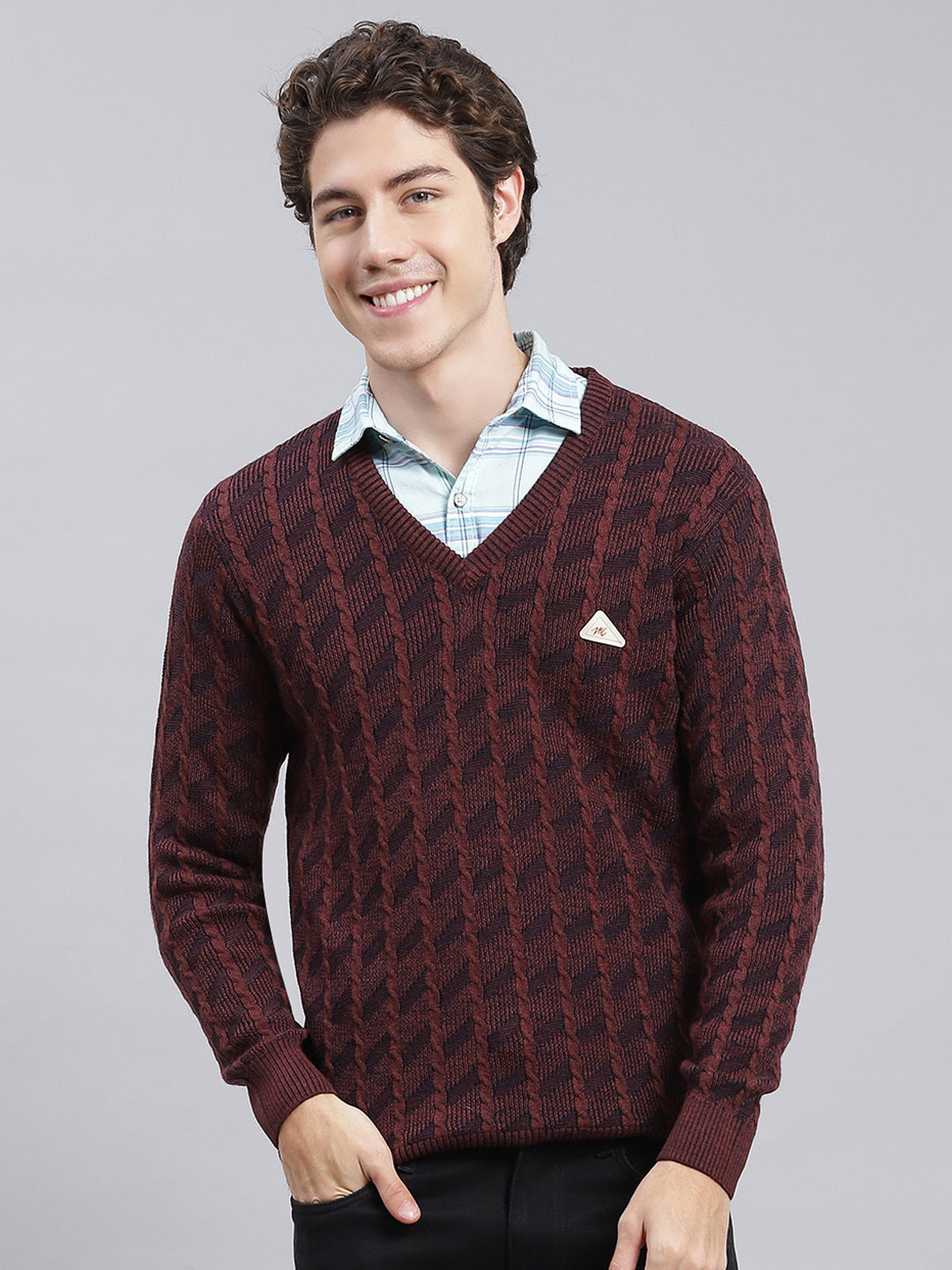 Men Brown Self Design Wool blend Pullover