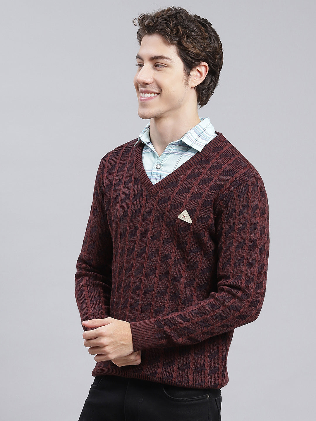 Men Brown Self Design Wool blend Pullover