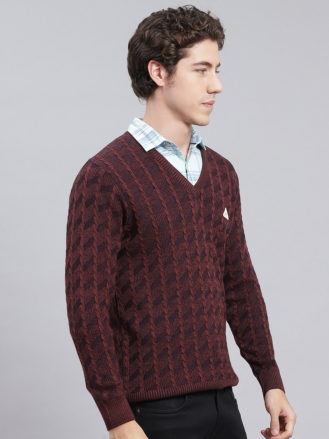 Men Brown Self Design Wool blend Pullover