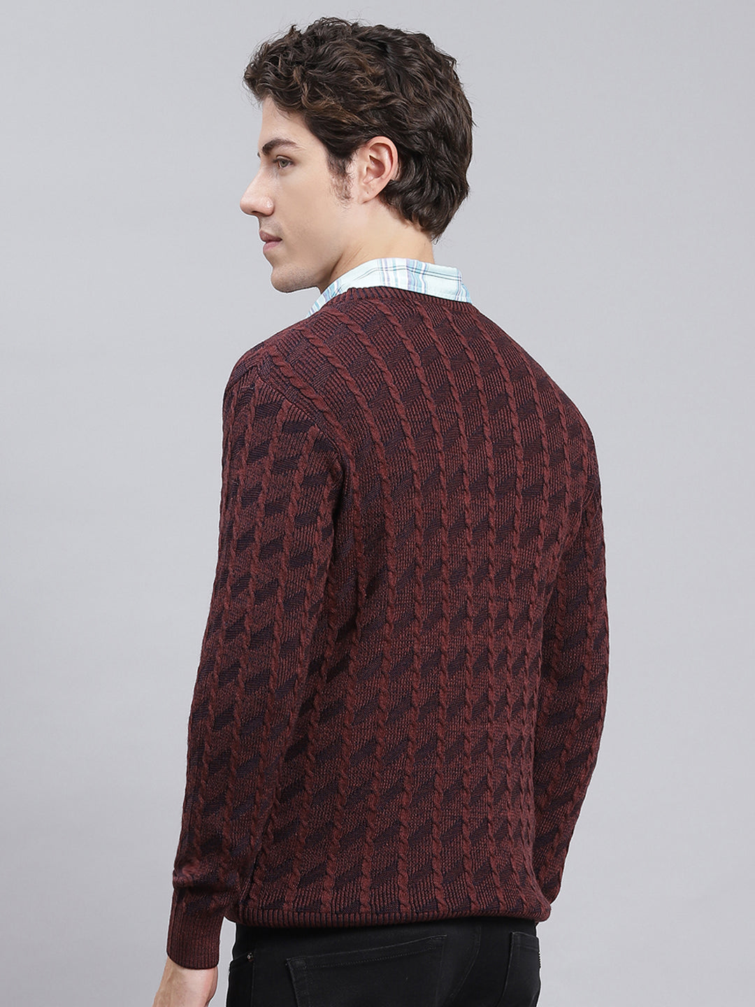 Men Brown Self Design Wool blend Pullover