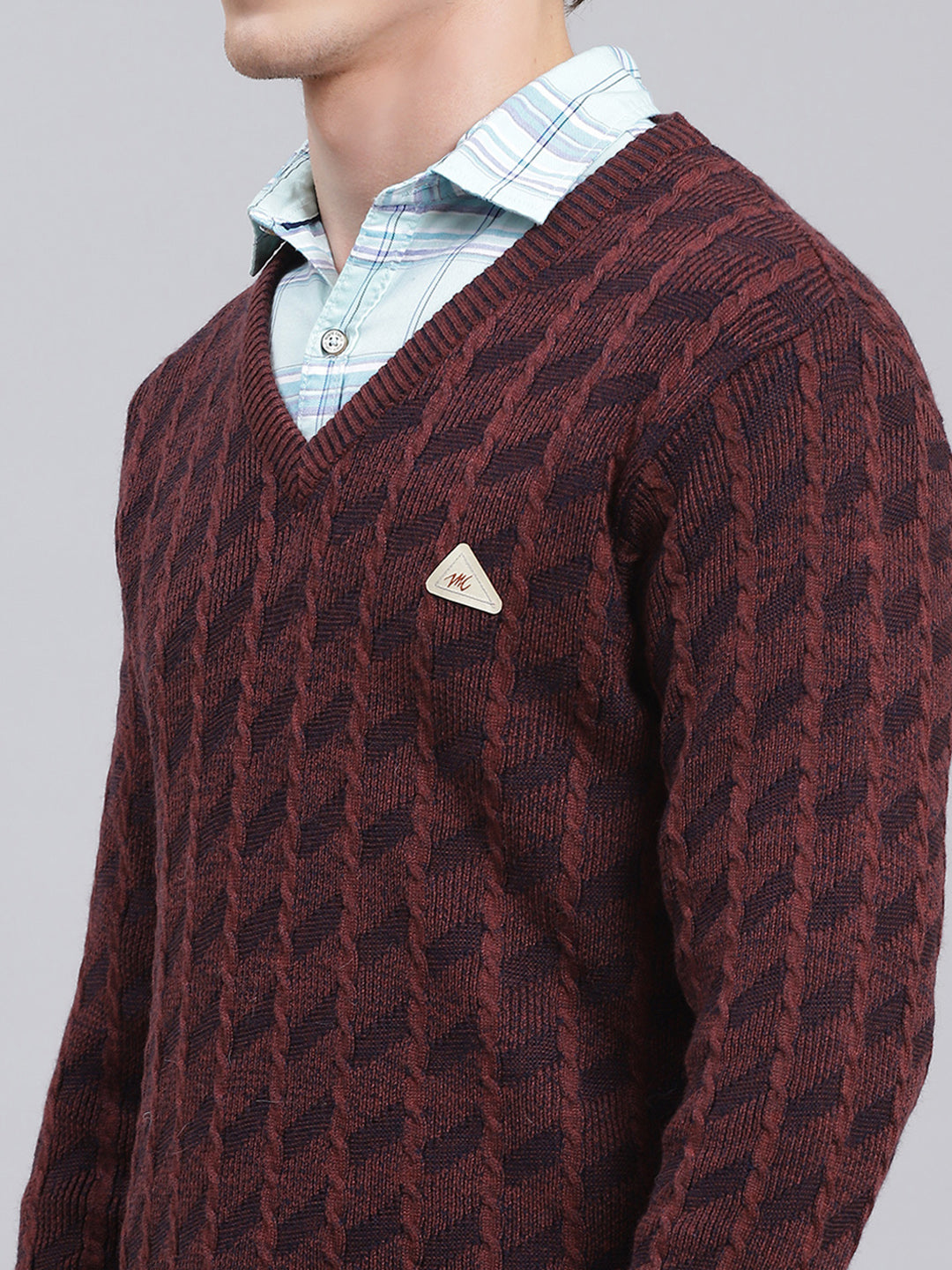 Men Brown Self Design Wool blend Pullover