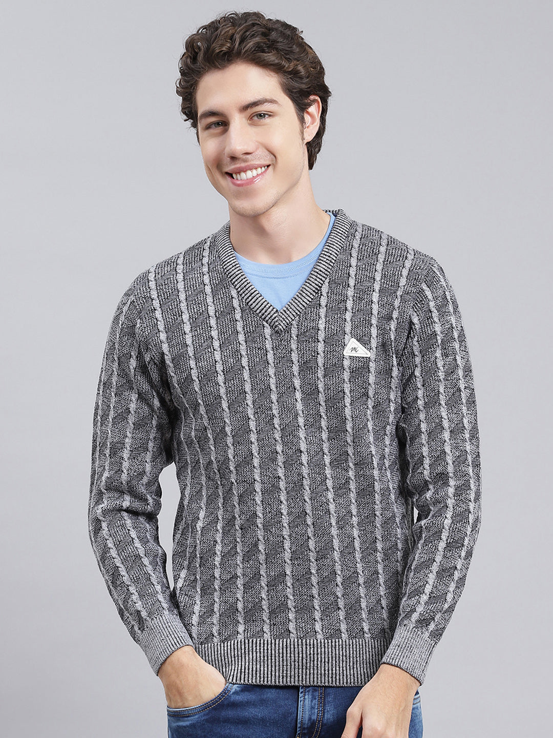 Men Grey Self Design Wool blend Pullover