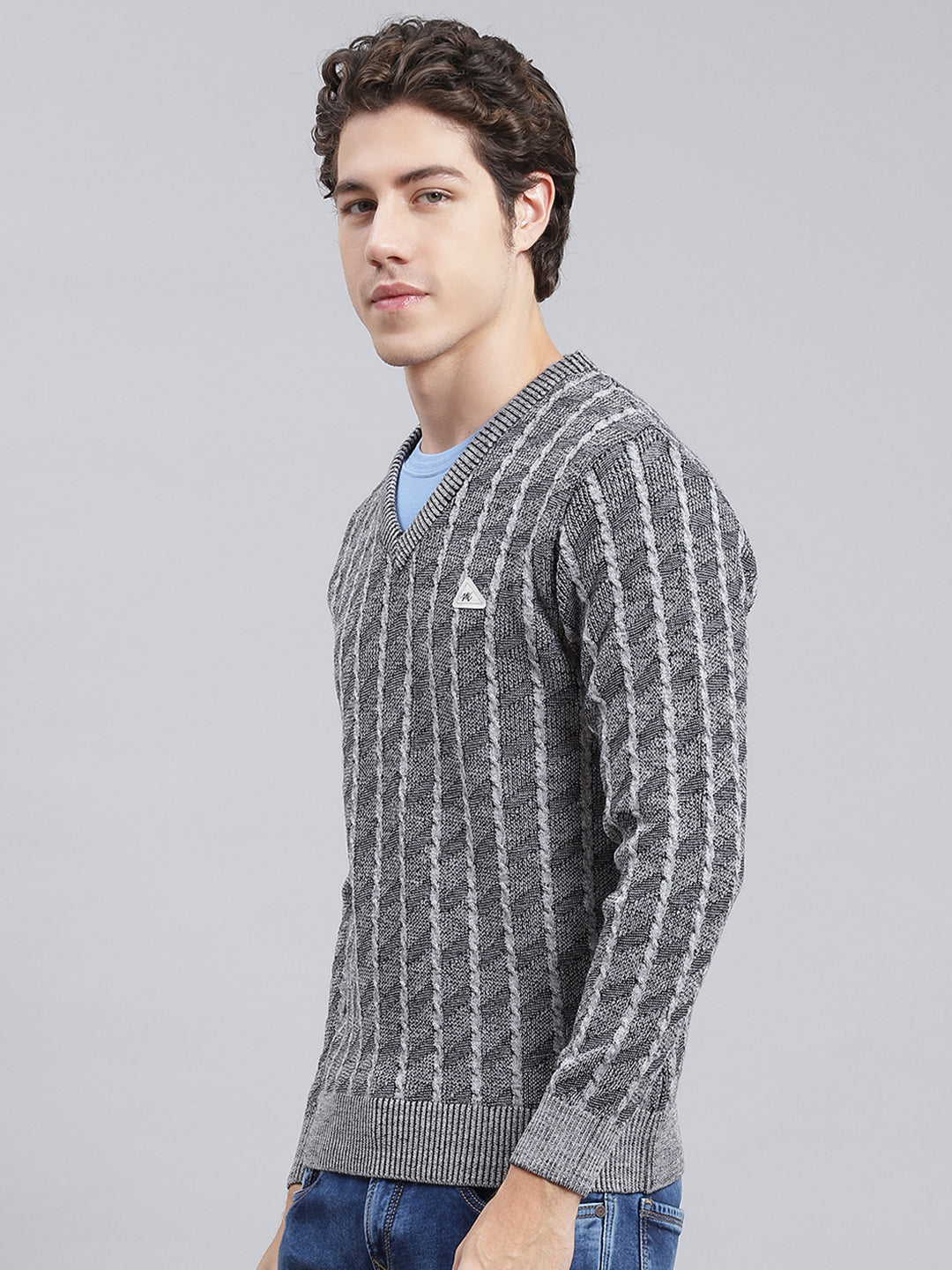 Men Grey Self Design Wool blend Pullover